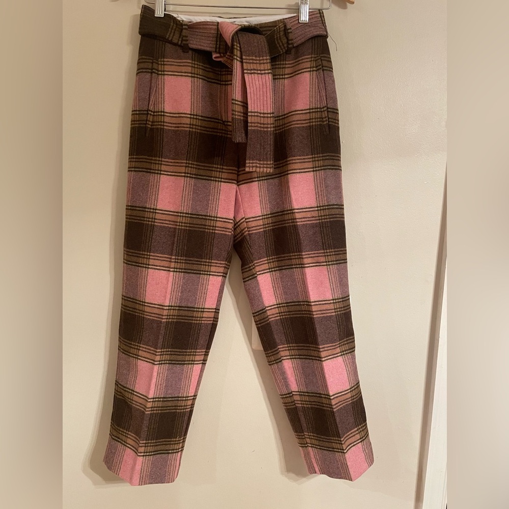Aritzia Wilfred Pink & Brown TIE From Plaid Wool Blend Pants- NWOT